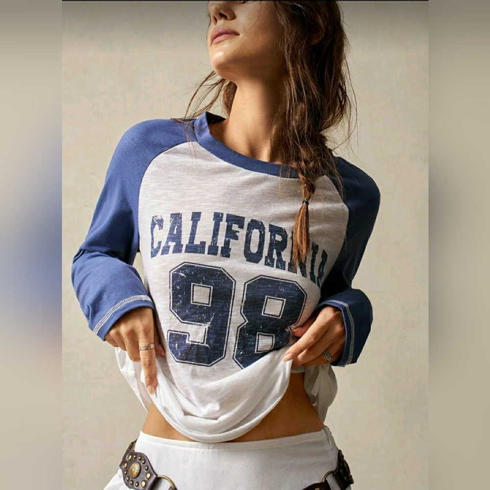 Bohemela Casual Contrast Color Raglan Sleeve Loose Sheer Fabric Letter Print T-S